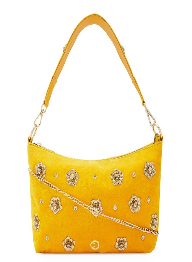 كابريس حقيبة كابريس سافاير الصغيرة للنساء | حقيبة كتف مخملية مطرزة مزينة بأزهار معدنية وسلسلة قابلة للفصل | مثالية للمناسبات الاحتفالية (أصفر) - Image 1